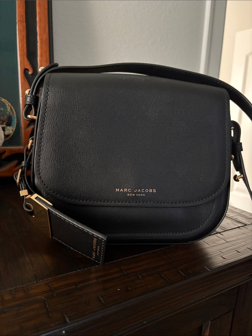 Marc Jacobs Black Leather Saddle Crossbody with Gold Accents
